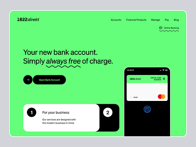 1822direkt Hero Header Redesign Concept | Bank bank clean colorful concept credit card fintech green header hero landingpage minimal stock typography ui ui design ux ux design web web design website