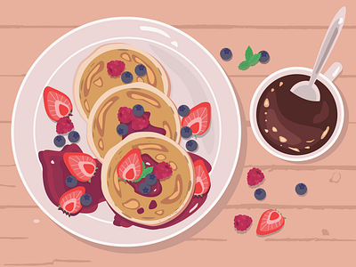 pancakes coffee flat illustration pancakes raspberry