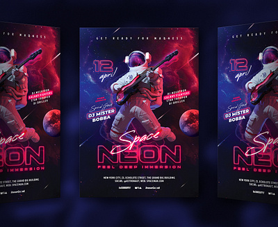 Neon Space Party Flyer astronaut cosmonaut flyer guitar music nebula neon party planet space stars