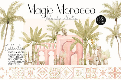 Magic Morocco. Architecture and Palm aesthetic architecture clipart concept design floral flowers graphic design graphics illustration illustrations jungle magic modern texture tropical tropical flyer tropical leaves urban vector