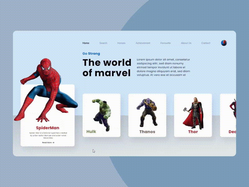 Marvel Character Webpage UI/UX Design adobephotoshop adobexd aftereffect animation aroonanim dribblenepal dribbleshot graphicsdesign motiondesign prototyping uiux uiuxdesign webpage website websitedesign webuiuxdesign