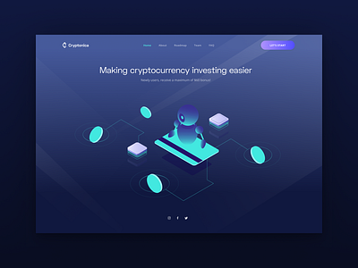 Cryptocurrency landing concept crypto crypto exchange cryptocurrency dark interface dark light dark theme dark ui landing page landing page concept robot robot illustration website design