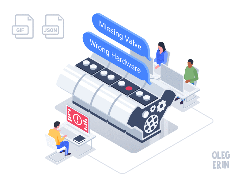 Isometric Lottie workflow animation animation bodymovin engine engineer illustration isometric json lottie motion design office process vector work workflow