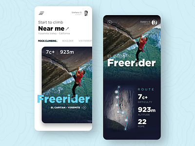 Freerider App Concept alex app blue boulder bouldering climbing design el capitan freeride honnold inspiration iphone minimal rock sport sports design ui ux white yosemite