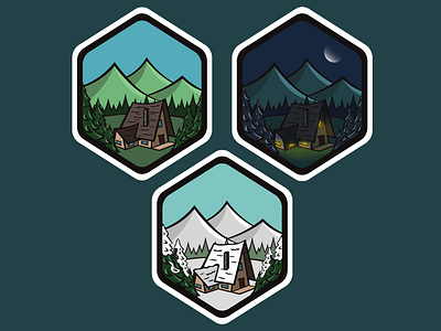 Three Giants Inn 2d adventure badge badge logo day flat illustration forest illustration illustrator inn logo mountain mountains night nightlight seasons shack snow tree winter