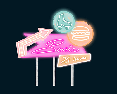 Sonic Night & Day 50s design fast food graphic design handlettering illustration lettering neon neon sign procreate retro signage sonic vintage