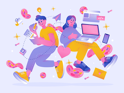 Teamwork Collaboration character character design collaboration design designer development email flat design flat illustration fun gradient header idea illustration pink teamwork vector website