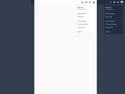 Profile dropdown account settings dark mode dropdown light mode log out navigation bar profile settings sign out