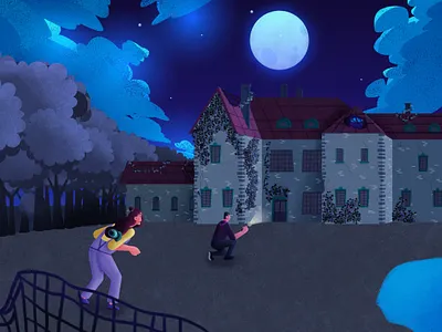 Urban exploration series: part 1 adventure brush character character design drawing exploration grain greenery illustration ivy manor moon night nightsky overalls texture urban exploration urbex woman wreck