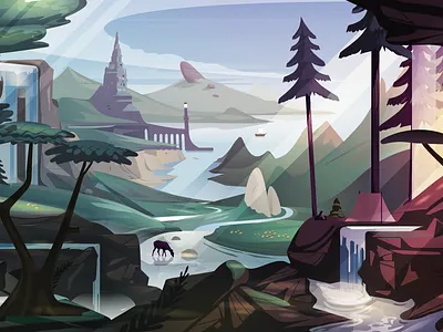 Login Background illustration design hills illustration illustration art illustrator landscape lighthouse serene vector waterfall