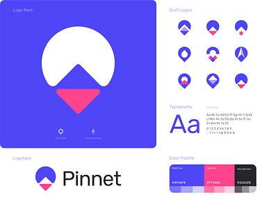 Pinnet | Final logo brandbook branding branding and identity color palette compass logo direction draft logo identity branding location logo logo exploration pin pin arrow logo pink styleguide typography unused concept