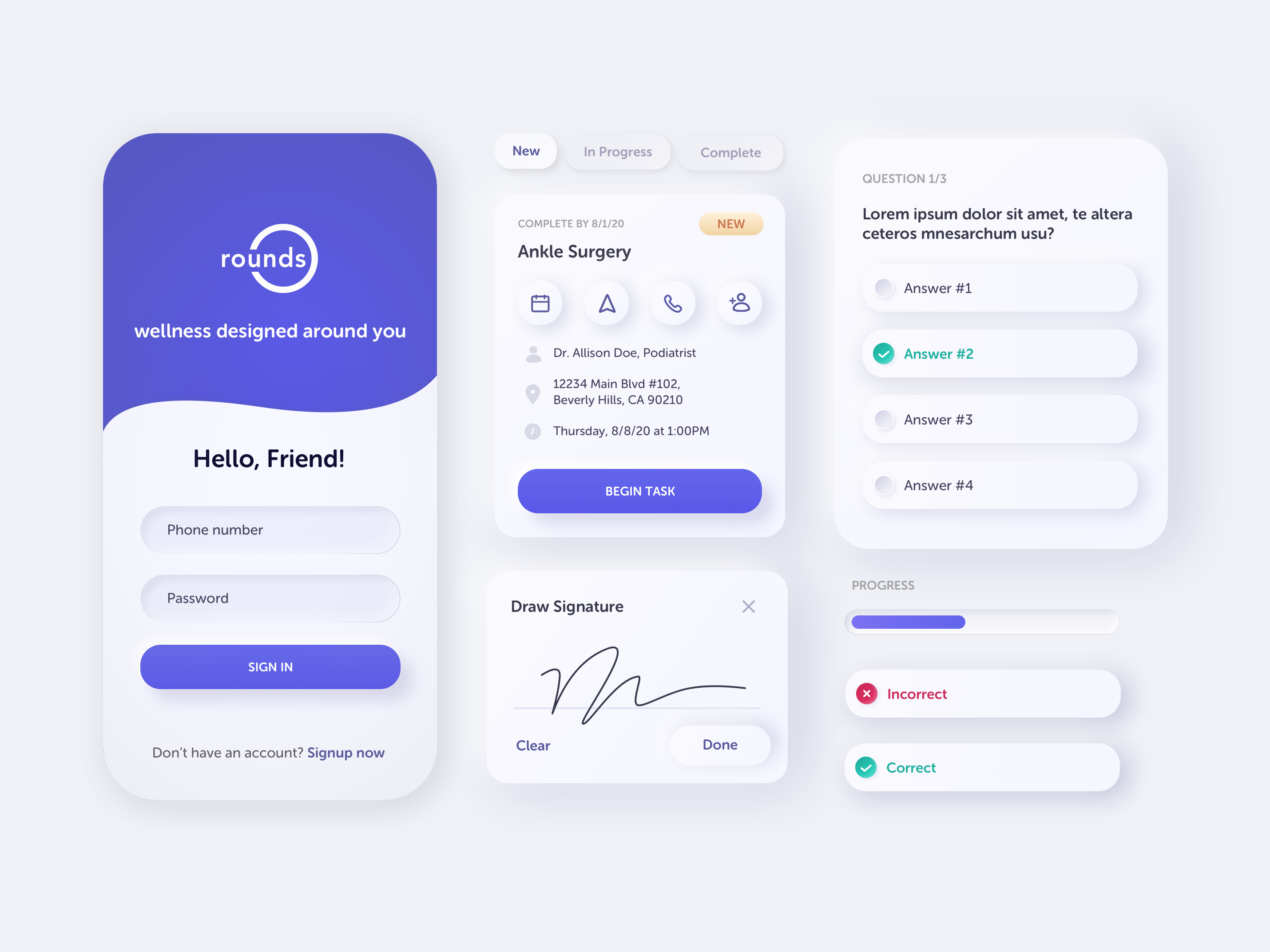 Example of Medical App - Quiz and Signature - Neumorphic Design