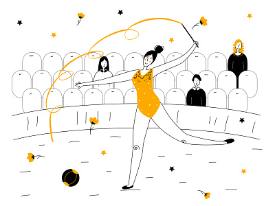 Rhythmic gymnastics acrobat audience black calisthenics flat girl gymnastics illustration performance vector woman yellow