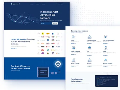 Ayoconnect Landingpage Design b2b bill icons landing page navy blue network tech ui ux webdesign