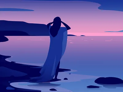 Barefoot art design girl illustration landscape light sky vector water woman