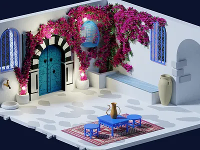 Isometric design of a sidi bou said house By Ahmed Jabnouni 3d art 3d modeling design graphic design interior isometric isometric art isometric design isometric illustration isometry sidi bou said tunisia tunisie