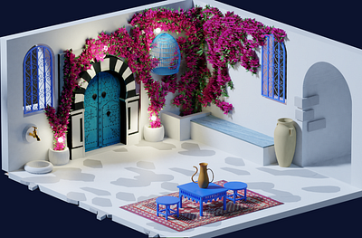 Isometric design of a sidi bou said house By Ahmed Jabnouni 3d art 3d modeling design graphic design interior isometric isometric art isometric design isometric illustration isometry sidi bou said tunisia tunisie