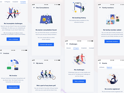 Empty State Screens booking history challenges doctor consultation empty screen empty state emptystate events family member fitness invoice team