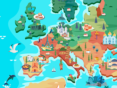 Map of Europe adobe illustrator blue mosk church colorful illustration dutch windmill eifeltower europe happy map heracleon holidaytime icecream illustrated map illustrator neuswanstein castle pasta stonehenge summertime tower of pisa