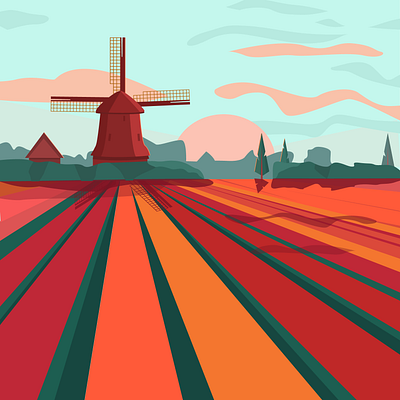 windmill field flat illustration landscape mill windmill