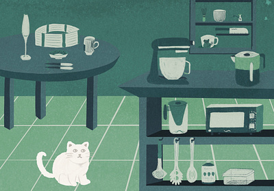 green flat illustration cat and kitchen appliance cat design flat green illustration kitchen procreate