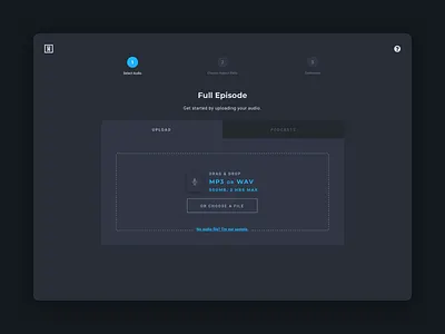 Audio File Dropzone app audio dark ui design drag and drop file file upload interface minimal minimalist product stepper ui upload user experience ux web wizard