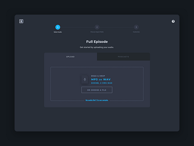 Audio File Dropzone app audio dark ui design drag and drop file file upload interface minimal minimalist product stepper ui upload user experience ux web wizard