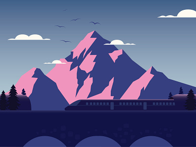 Mountain Express Train. adobe illustrator design flat illustration illustrator landscape mountains sunrise sunset train travel vector