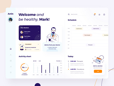 Actin medic UX/UI dashboard design calendar ui chart charts dashboard day days design doctor graphic graphics graphs illustration illustrations illustrator logo orange therapist today ui ux