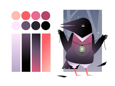 Magic Raven Character Illustration bird character character design colour palette craw dark dim colors flat glowworm gradient illustration lantern magic night raven vector wood zajno