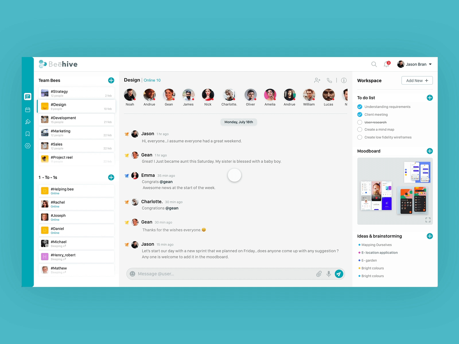 Beehive beehive branding messaging app teamwork ui ux video chat xd design