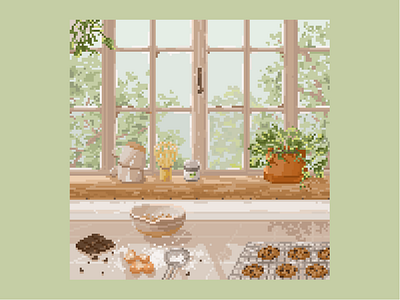 Baking in quarantine aesthetic baking calm cookies illustrations lofi natural neutral piskel pixel pixel art plants quarantine