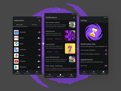 Notif Blocker Application - 2016 - Dark Mode android app application bottom navigation clean dark dark mode guidelines icons8 illustration material notification tab theme ui ui design unsplash ux