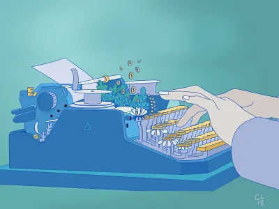 Money-back typewriter blue content design graphics illustration money typewriter vector