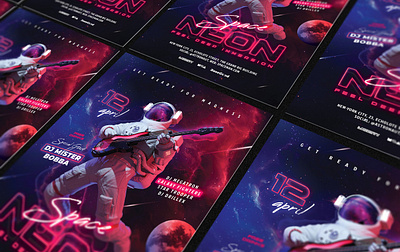 Neon Space Party Flyer astronaut cosmonaut flyer guitar music nebula neon party planet space stars