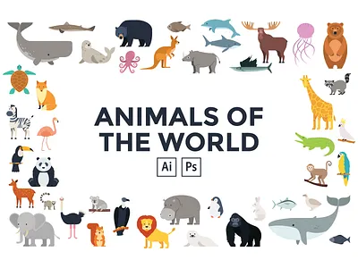 Animals Of The World adobe illustrator animals big bundle cartoon character cute design exotic fauna flat funny illustration map nature nursery poster sticker vector world