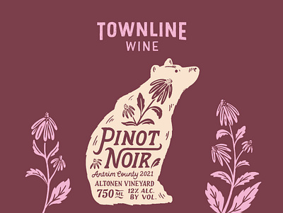 Townline Wine Pinot Noir bear black bear branding coneflower echinacea fauna flora floral flowers hand drawn hand lettering illustration label design michigan pinot pinot noir script townline vintage wine