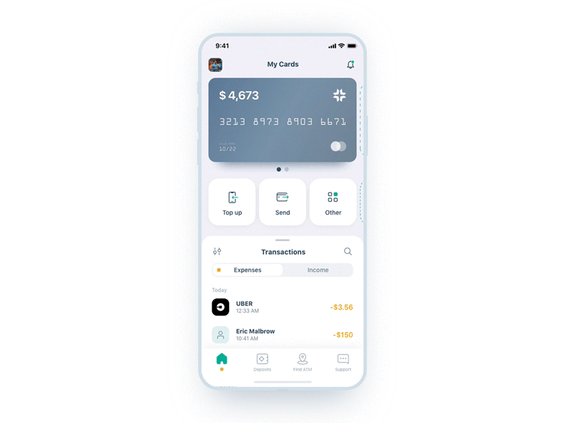 Mobile banking app interactions adobe xd animation app bank card banking banking app clean ui creditcard design finance gif interaction iphonex mobile revenue swipe transaction history transactions ui ux