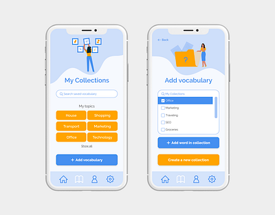 Wordly app - Collect new vocabulary function app collection color palette design flashcards illustration inclusive design inclusivity language app language learning learning app mobile app design mobile design mobile ui product design ui ui design user experience user interface ux