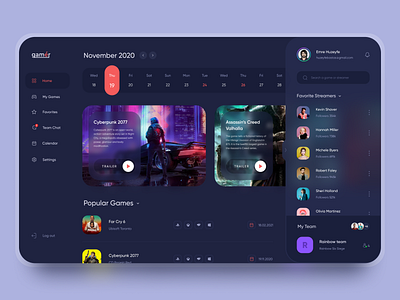 Game Dashboard dark dashboard dashboard design dashboard ui game game dashboard game design gamer gaming interface platform stream streaming twitch ui ui design user interface design ux web web app