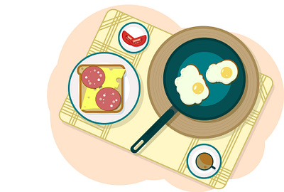 Breakfast breakfast cheese coffee coffee cup egg illustration omelette pan sandwich sausage tomato иллюстрация омлет яичница