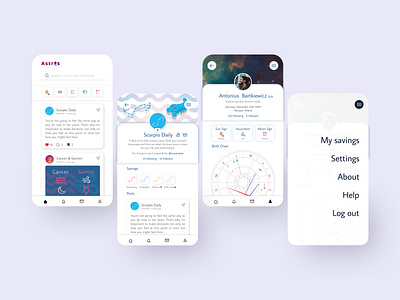 Astros App Light Mode astrology astros dark feed menu mobile pages profile social media ui ux zodiac