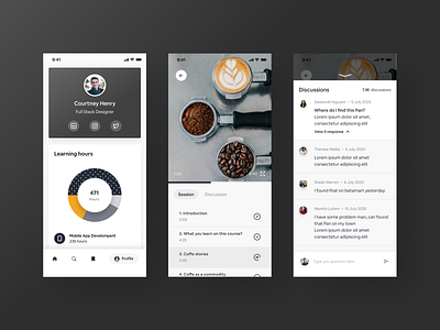 Learning profile - Course Platform Mobile app app clean conversation course dailyui discussion education icon ios iphonex layout mobile ui mobileapp profile typography ui uiux ux video