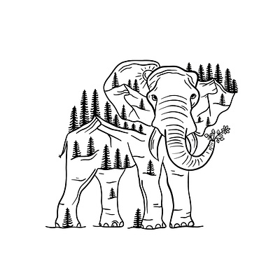 Elephant in Nature animal art black and white digital drawing elephant elephant love floral flowers illustration mountains nature nature art nature illustration procreate sketch