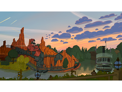 Thunder Mountain Disneyland Paris animation background background design cartoon digital painting disney disneyland disneyland paris illustration magic procreate ride river sky sunset theme park thunder mountain visual development