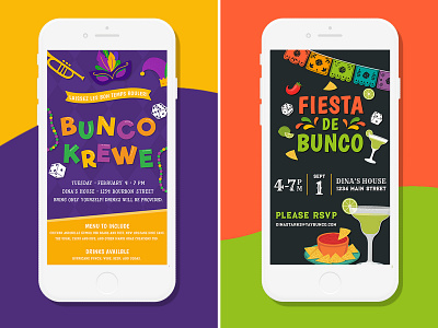 BUNCO!!! Game Night E-vites board game clean dice email evite fiesta game night illustration invitation invite mardi gras mardigras margarita margaritas party salsa simple theme