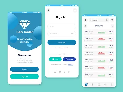 Trading App adobe bourse btc filter gem log in mobile search sign in sign up trading app ui ux xd