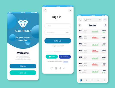 Trading App adobe bourse btc filter gem log in mobile search sign in sign up trading app ui ux xd