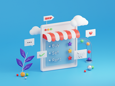 3D Store Front 3d b3d basket blender blendercommunity blue cart cloud cycles ecommerce glass heart illustration metal shop shopping cart store storefront tick ui