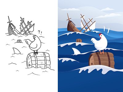 Chicken lost at sea — Drawing Challenge Maghlever challenge chicken drawing drawing challenge illustration sea ship shipwreck sinking sketch water